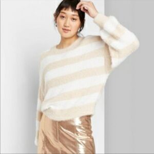 Wild Fable NWT Super Soft Striped Pullover Sweater Sz L White Tan